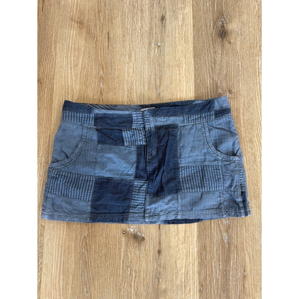 Mossimo Boho Patchwork Mini Skirt Women 7 Blue Denim Striped Embroidered Y2K